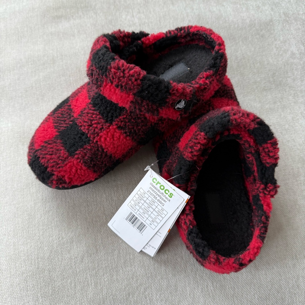 Crocs Red and Black Plaid Fuzzy Slippers